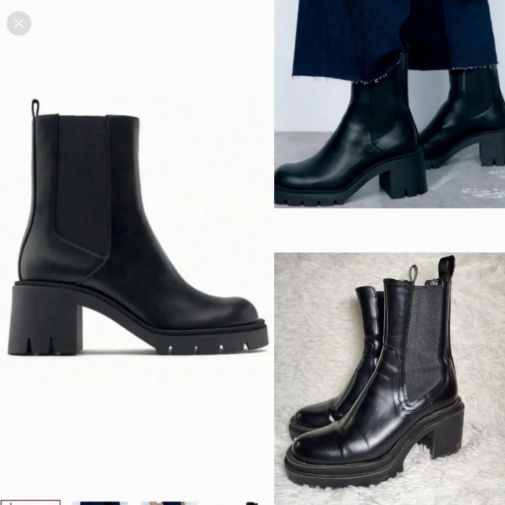 Zara Leather Block Heel Platform Lug Sole Chelsea Boots